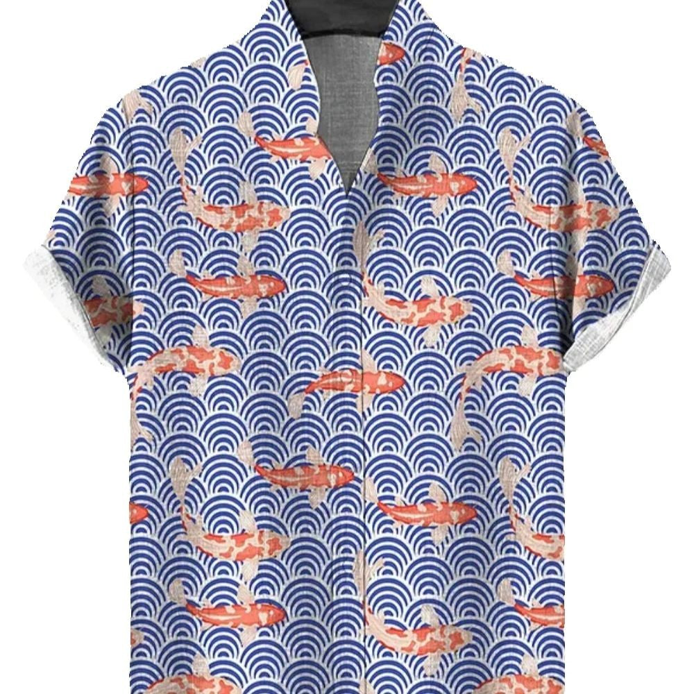 2025 new men's short sleeved shirt, Japanese art printed shirt, summer men's casual cardigan breathable bamboo and linen shirt