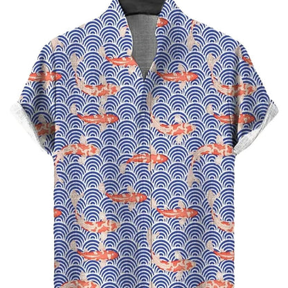 2025 new men's short sleeved shirt, Japanese art printed shirt, summer men's casual cardigan breathable bamboo and linen shirt