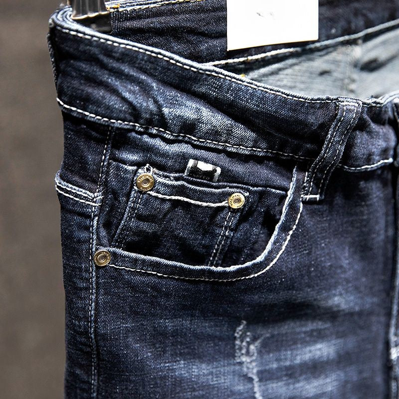 American Elastic Straight Jeans Men Ripped Worn-out Slim-fit Cotton Denim Pants Korean Style Fashion Blue Black Men's Clothing