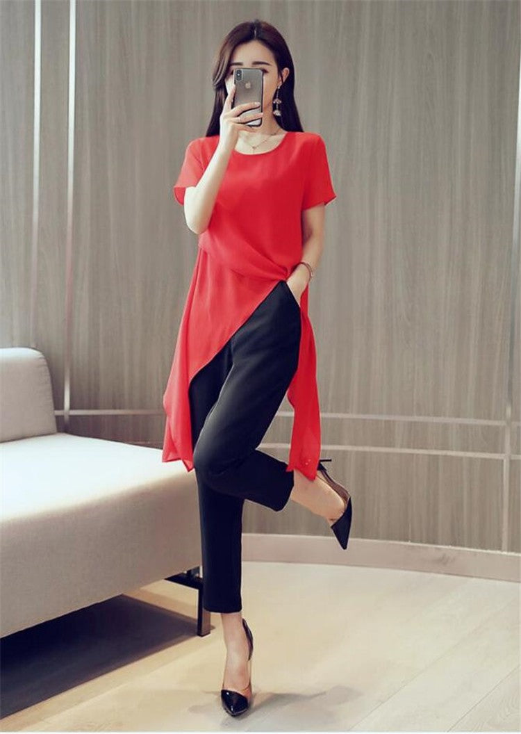 New 2025 Summer Fashion New Solid Color Split Chiffon Shirts Loose Irregular Shirts Tops Thin Blouses Woman Red blusas femininas