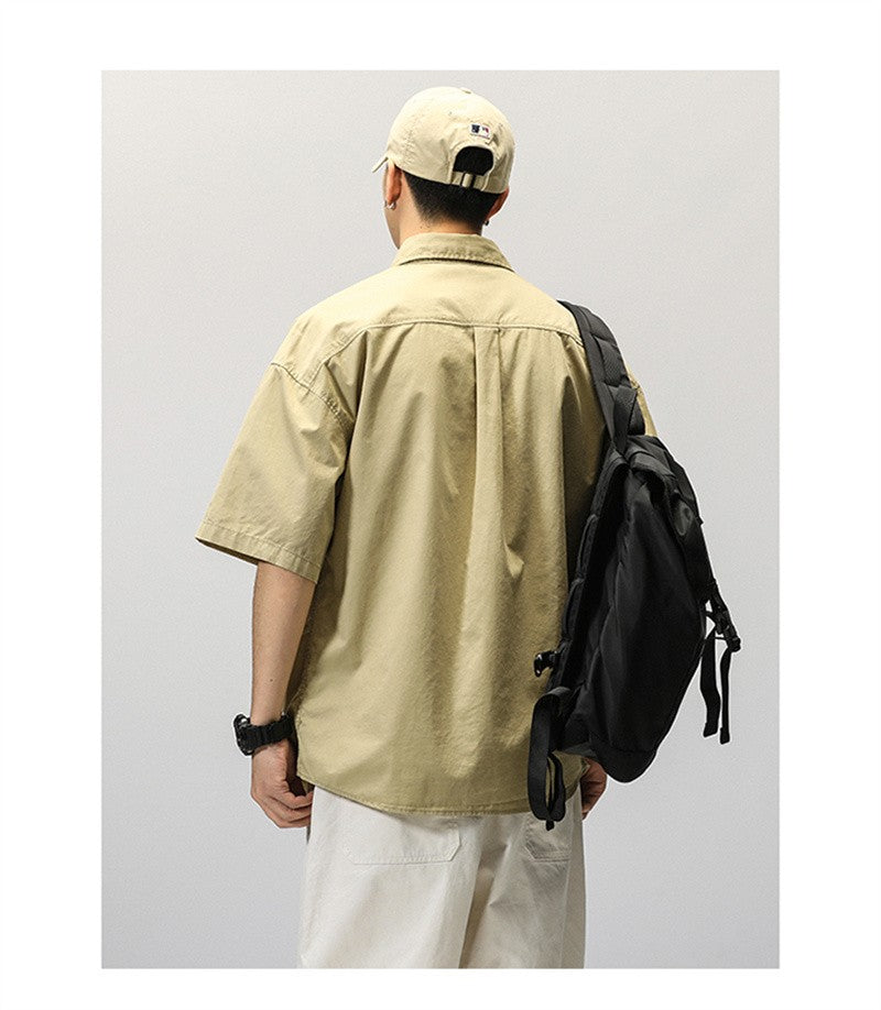 Summer Japanese Cargo Short Sleeve Shirt Men's Pockets Button Turn-down Collar Shirts Fashion Casual Cardigan blouses Tops