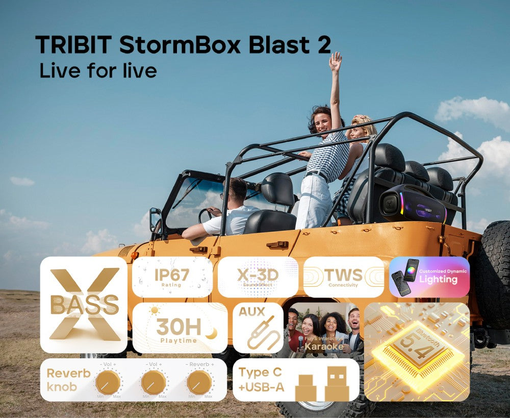Caixa de Som Bluetooth TRIBIT StormBox Blast 2, Potência de 200W com Subwoofer, Alto-falante de Festa Externo IP67, 30 Horas de Reprodução, LED, Entrada para Microfone