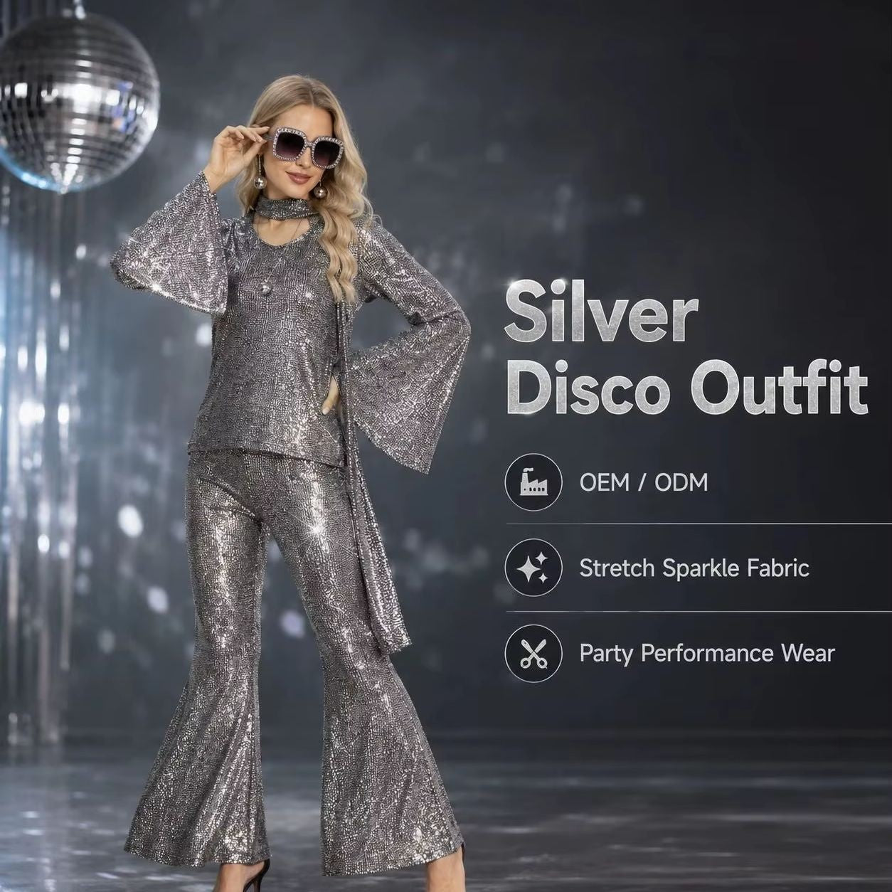 Ladies' Halloween disco party 70s disco costume set, including top, pants, sunglasses, necklace, earrings, and wig, role-playing