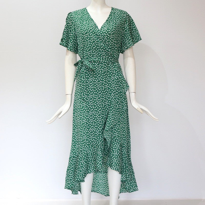 Summer Beach Maxi Dress Women Floral Print Boho Long Chiffon Dress Ruffles Wrap