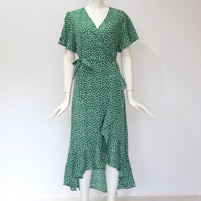 Summer Beach Maxi Dress Women Floral Print Boho Long Chiffon Dress Ruffles Wrap