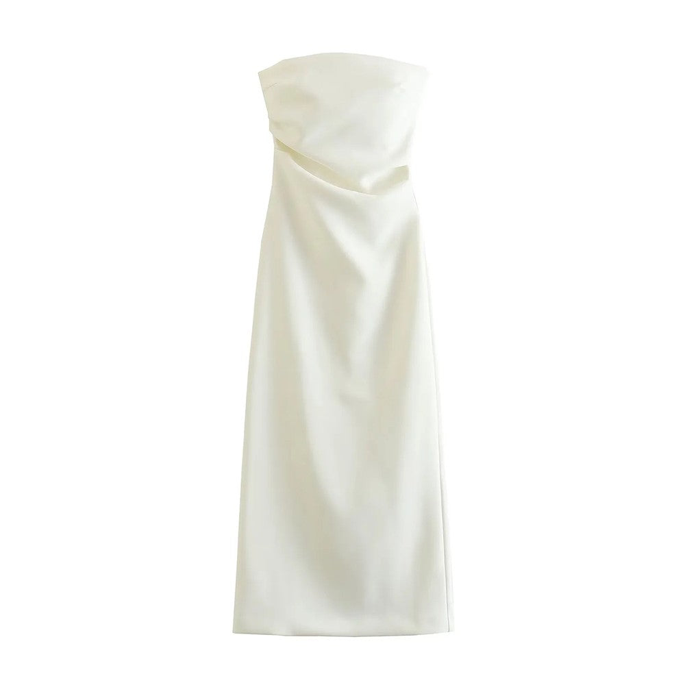 TRZA Women Fashion Strapless Gathered Midi Dress Sexy Straight Neck Back Slit Fe