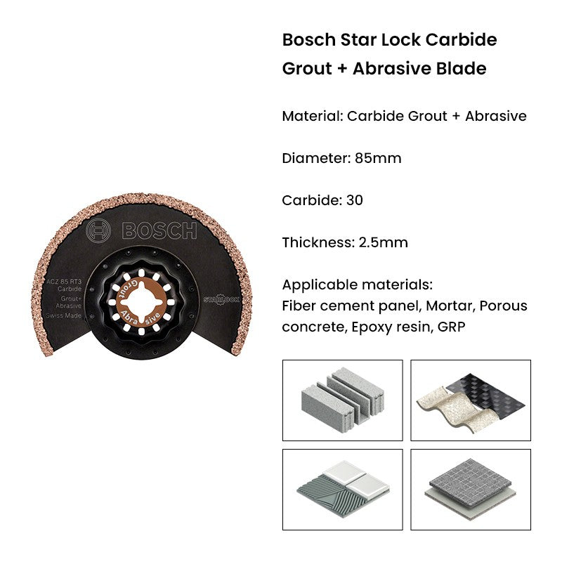 Lâmina de serra oscilante Bosch Starlock ACZ 85 RT3 de metal duro para argamassa + lâminas abrasivas para acessórios de renovação de betão e painéis de cimento