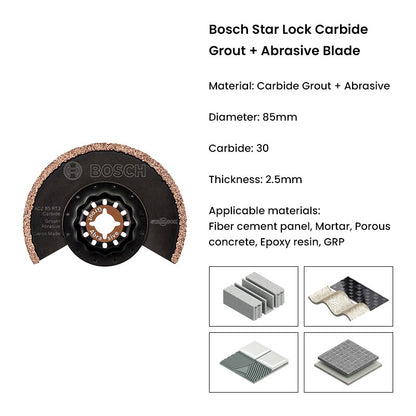 Lâmina de serra oscilante Bosch Starlock ACZ 85 RT3 de metal duro para argamassa + lâminas abrasivas para acessórios de renovação de betão e painéis de cimento