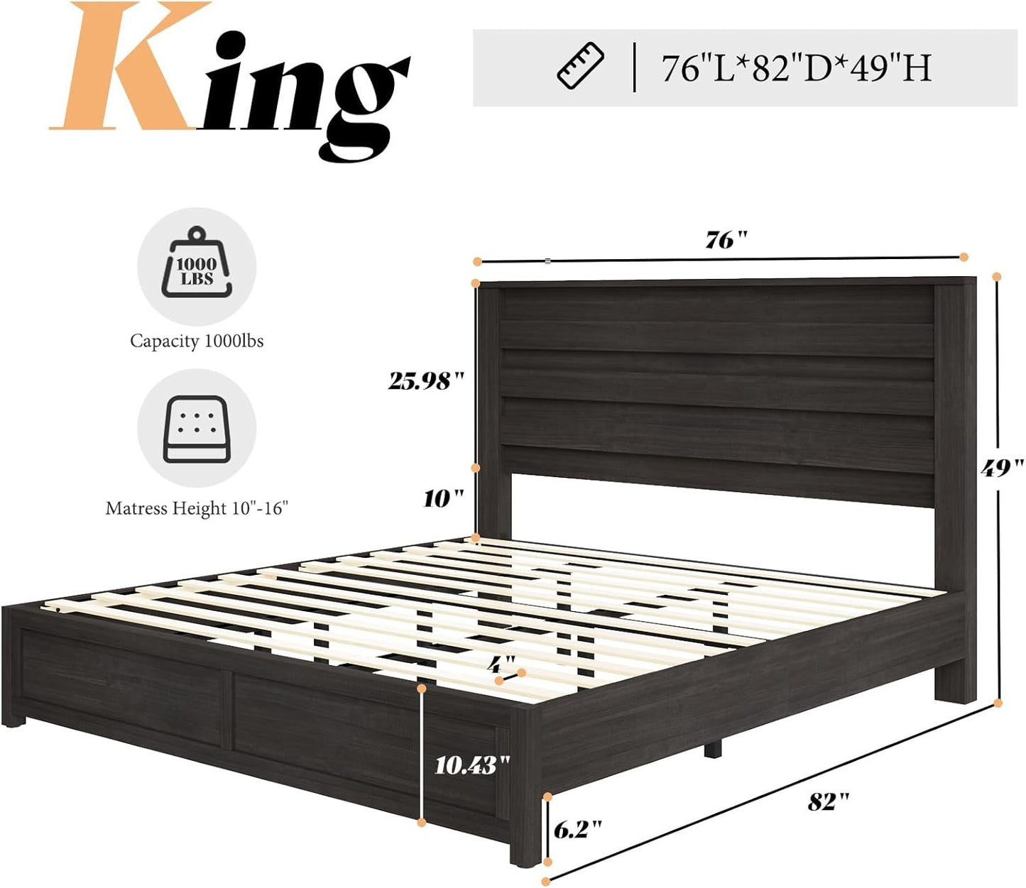 Farmhouse King Size Bed Frame with 49" Fluted Headboard, Wood Platform Bed with Natural Grain, No Box Spring Needed/Nois