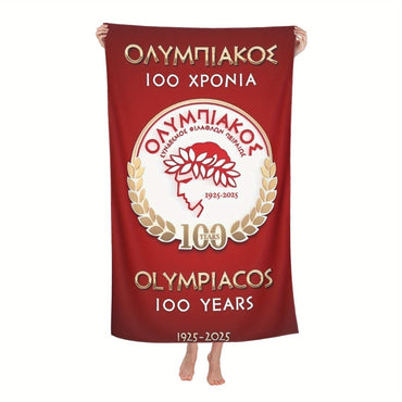 Olympiacos 100th Anniversary Themed Microfiber Beach Towel - Contemporary Design with Red & Golden Laurel Wreath Logo