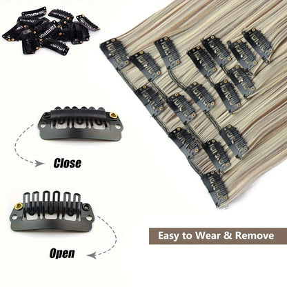 Cabelo Liso Comprido 16 Clipes 7 Pçs/Conjunto de Apliques de Cabelo Sintético Natural Loiro Preto Resistente ao Calor 2026