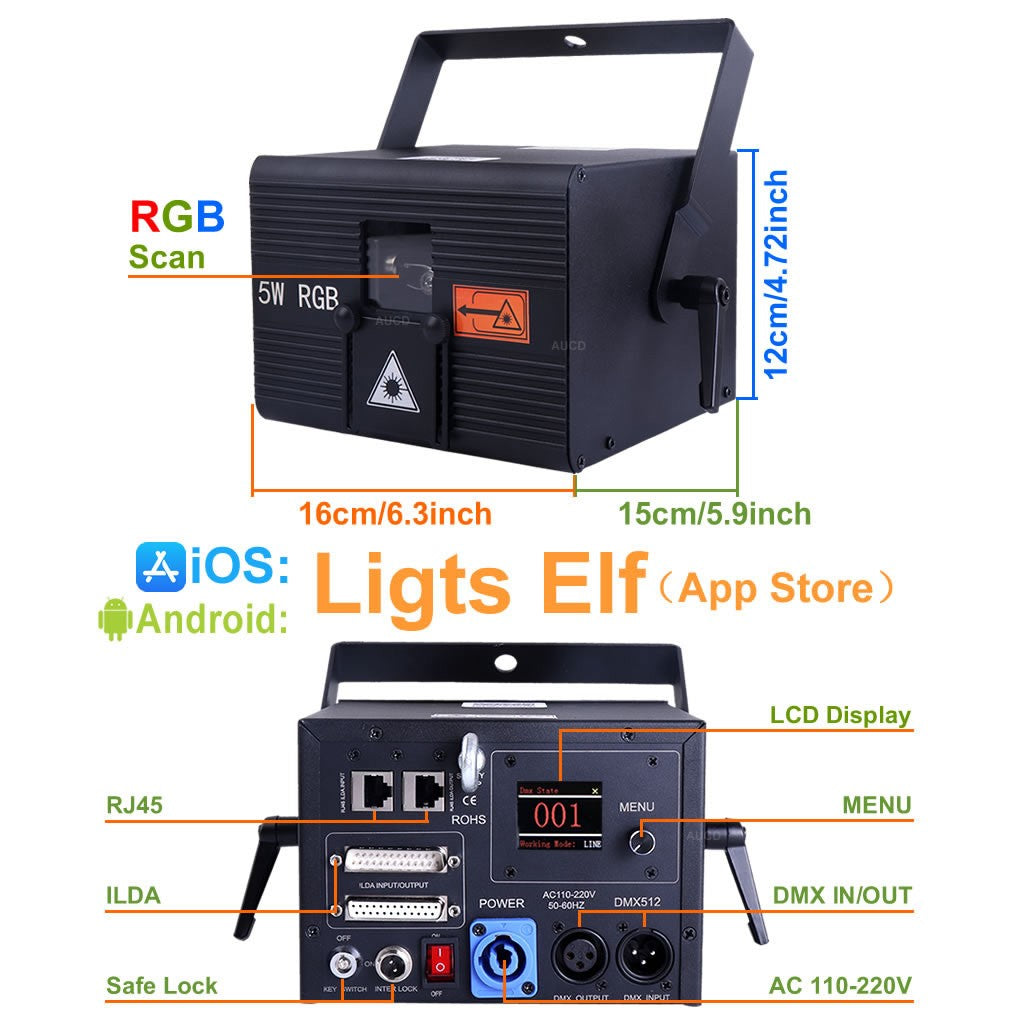 USA Warehouse 5W RGBW Laser Animation Scan Projector Lights + Apple & Android App Control ILDA For Party Bars DJ Stage Lighting