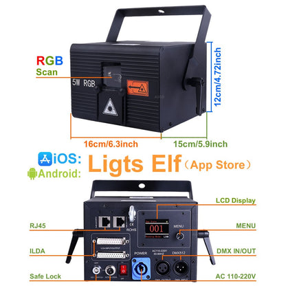 USA Warehouse 5W RGBW Laser Animation Scan Projector Lights + Apple & Android App Control ILDA For Party Bars DJ Stage Lighting