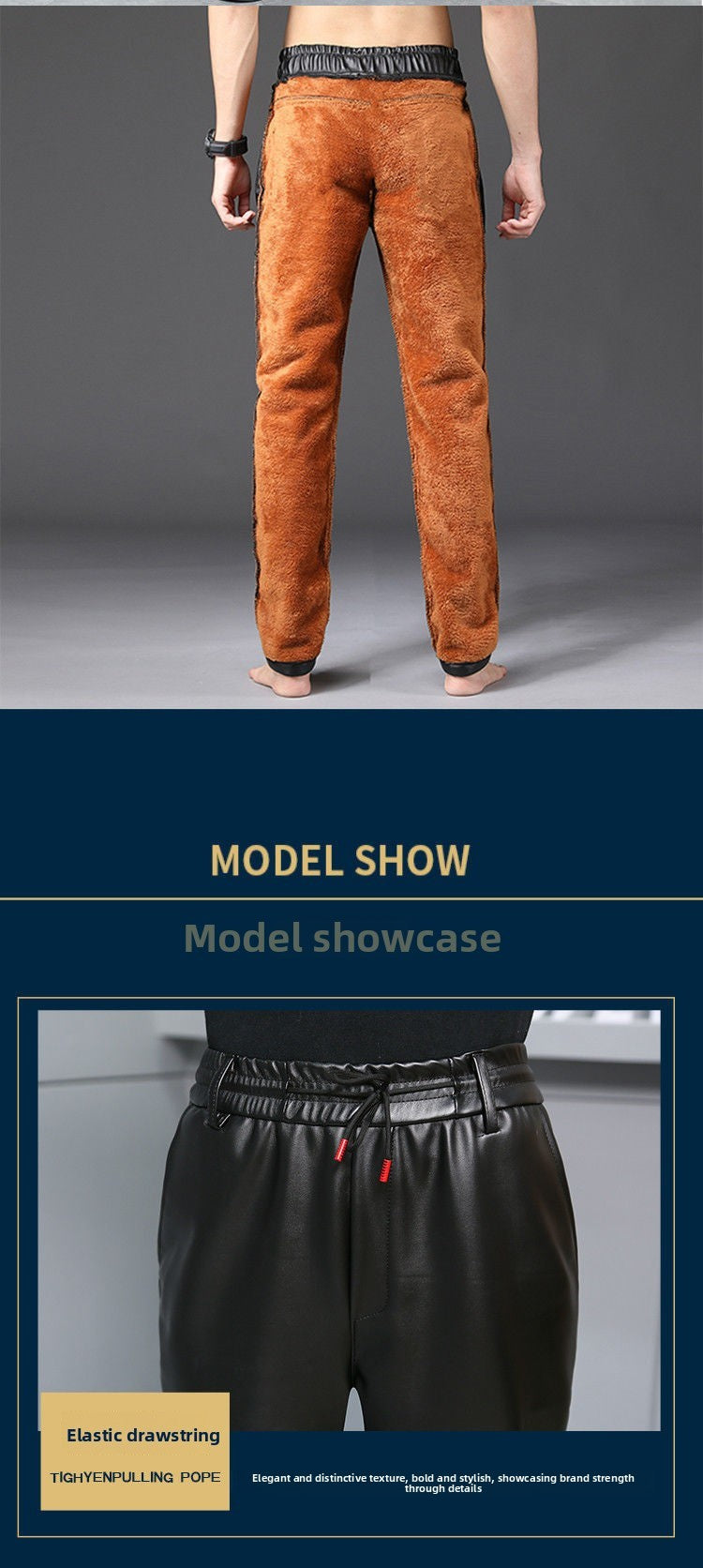 Men's Loose High-Waisted Fce-Lined Thiened Motorcycle Leather Pants Windproof Waterproof Busin Casual Long Trousers