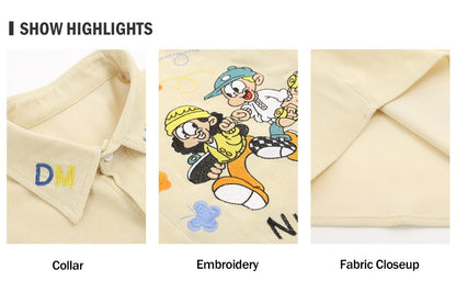 Cartoon Embroidery Cargo Shirts Mens Summer Retro Casual Streetwear Lapel Single Breasted Short Sleeve Shirts Men