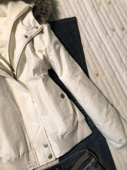 2025 Fashion Retro New Style Fur Collar Zipper Hooded Short Jacket Harajuku Street Loose Casual Solid Color Slim Short Jacket