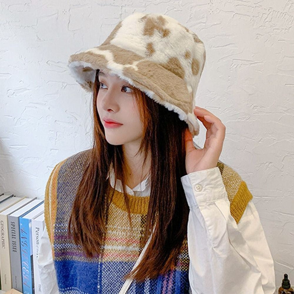 Winter Bucket Hat Women's Fashion Milk Cow Grain Panama Warm Hats Female Vintage Faux Fur Fisherman Cap Hats For Women Casual