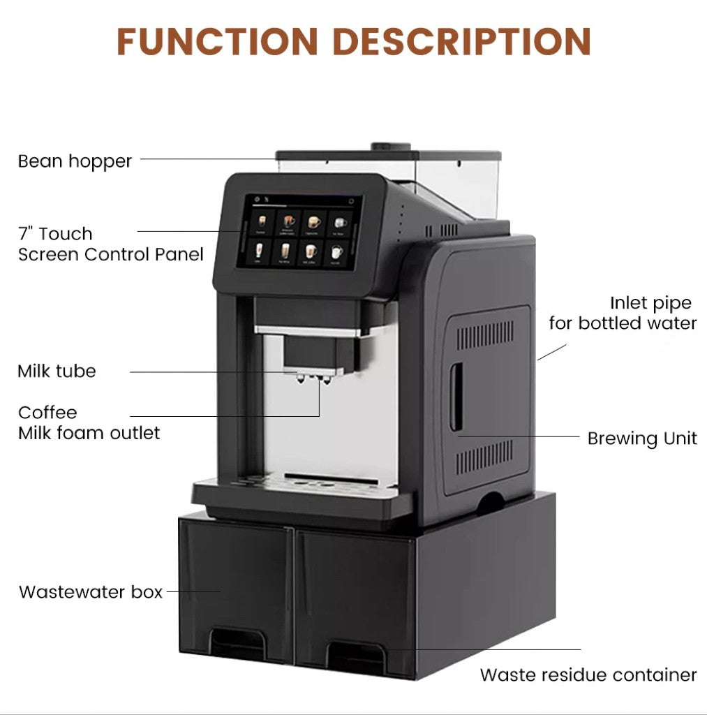Mcilpoog WS817-Plus Máquina de café expresso automática com tela grande colorida de 7", com bico vaporizador, 21 sabores para casa e escritório