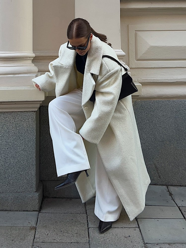 Elegant White Lapel Woolen Long Coat Women Fashion Full Sleeve Single-breasted Warm Loose Coats Lady Winter Commute Street Wear
