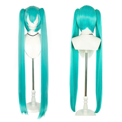 Peruca de Cabelo Sintético de Cosplay de Anime Miku de Alta Qualidade 116 cm de Comprimento com Rabo de Cavalo Duplo Destacável para Festa de Halloween e Carnaval Resistente ao Calor