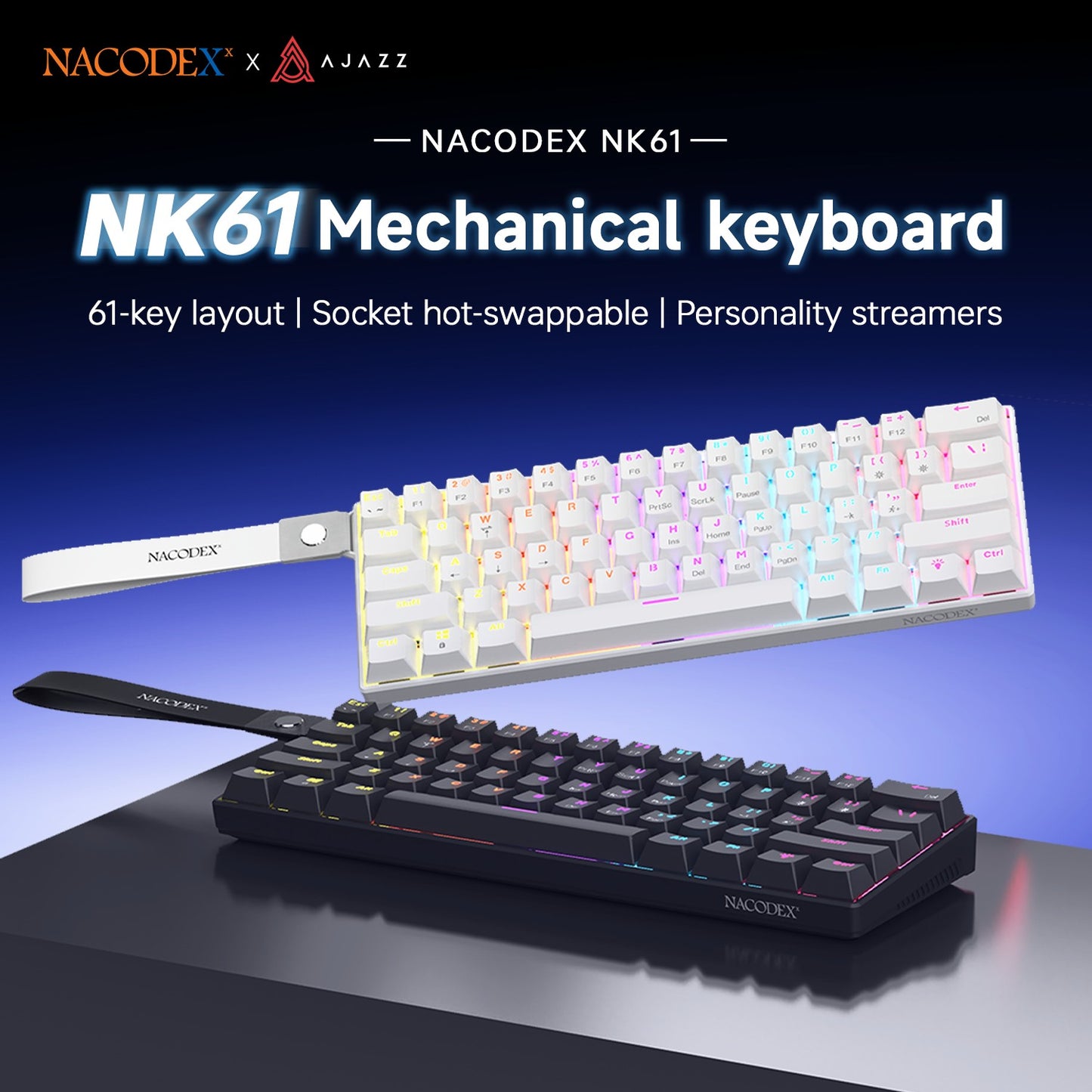 Teclado Mecânico Gamer com Fio Ajazz NK61 Efeitos de Iluminação RGB Suporta Teclas Hot-Swappable 61 Teclas Teclado Mecânico Gamer