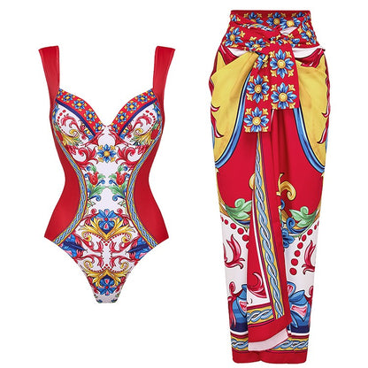 2024 Vintage Pattern Printed One Piece Swimsuit Swimwear Bikini Set Women Beachwear Clearance Wholesale