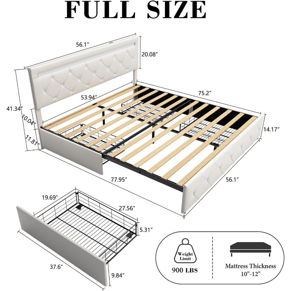 Bed Frame Full Size with LED Light and Storage Drawers, Adjustable Headboard with PU Leather Upholstered, 2 Sockets and 2 USB