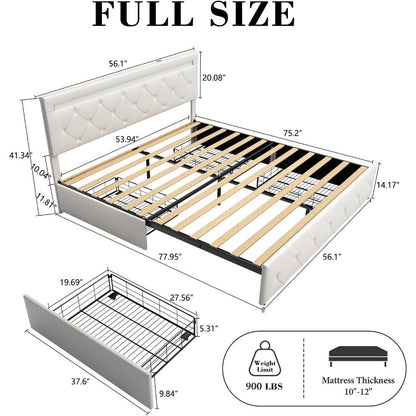 Bed Frame Full Size with LED Light and Storage Drawers, Adjustable Headboard with PU Leather Upholstered, 2 Sockets and 2 USB
