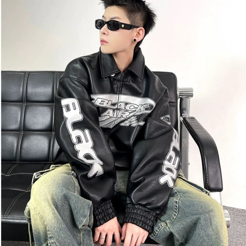 Heavy Duty Embroidered Men's Motorcycle Leather Jacket, Silver Edgy Aesthetic Windbreaker for Men, Autumn Fashion Mans Clothes