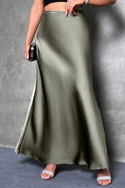Elegant silk-like satin A-line midi skirt with high waist and mermaid tail for women in spring and summer
