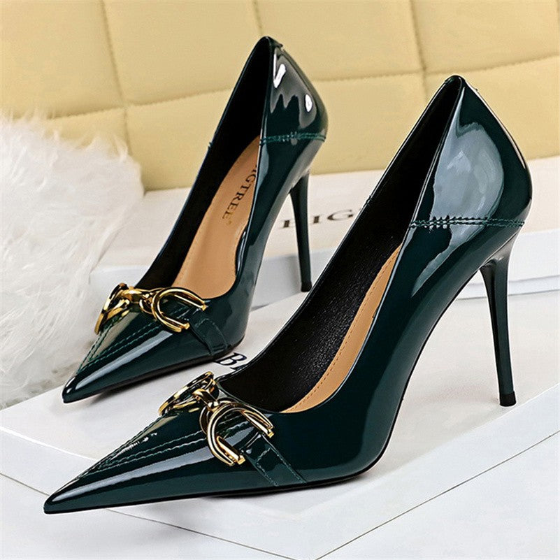 Luxury Design Women 10cm High Heels Metal Buckle Green Pumps Lady Plus Size Wedding Stiletto Heels Party Nude Replica Prom Shoes