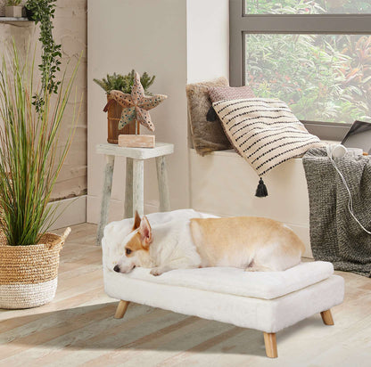 Cama Elevada para Animais de Estimação, Cama Nórdica para Animais de Estimação com Almofada Aconchegante Impermeável, Sofá-Cama para Animais de Estimação com Pernas de Madeira Resistentes para Cães e Gatos Pequenos