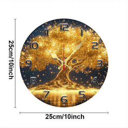 Golden Life Tree Wooden Round Silent Hanging Wall Clock, Suitable For Living Room, Office, Study Room, Bedroom, Home Decoration