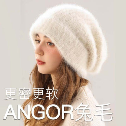 Angora Rabbit Fur Beanies Women's Warm Fluffy Knitted Slouchy Beanie Hat Female Soft Oversize Thermal Hats Autumn Winter