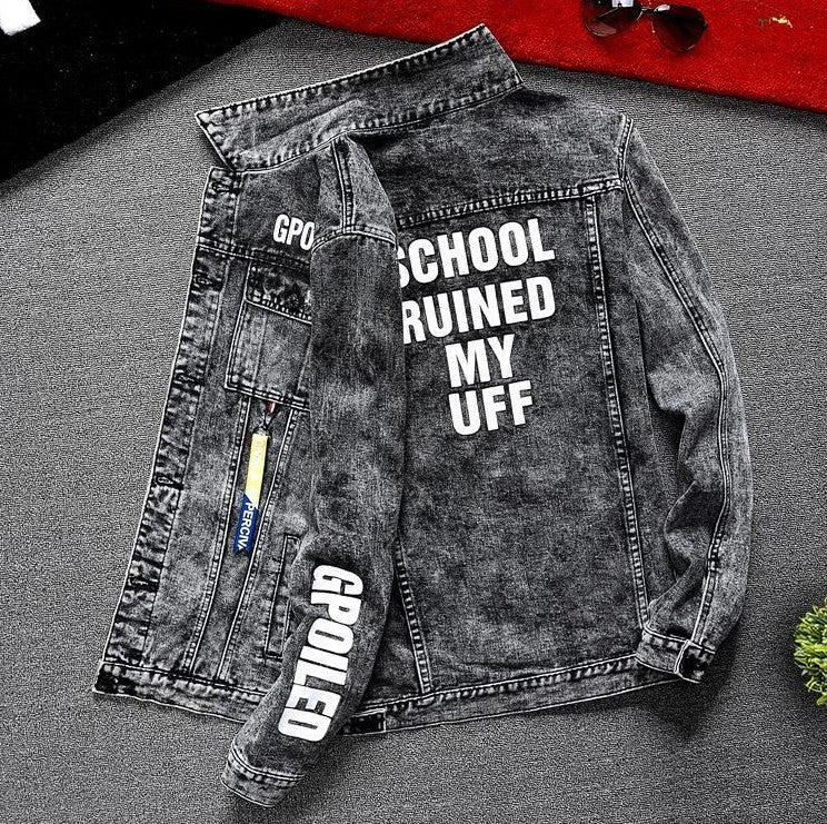 Jeans Coat for Men Hip Hop with Print Ripped Button Black Hole Denim Jackets Man Size L Large Lxury Worn Cowgirl Fast Delvery G