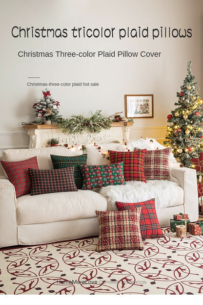 Home Christmas Decor Plaid Cushion Covers Red Checkered Polyester Cotton Xmas Ornament Snowflake Throw Pillowcase Decorative