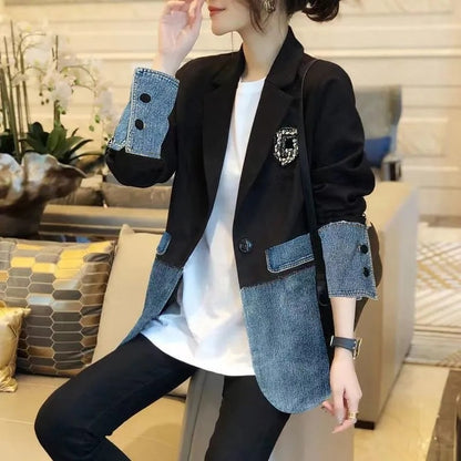 New Autumn 2025 Fashion Korean Version Loose Women Denim Jacket Splicing Suit Ladies Denim Outerwear Elegant Female Jeans Coat