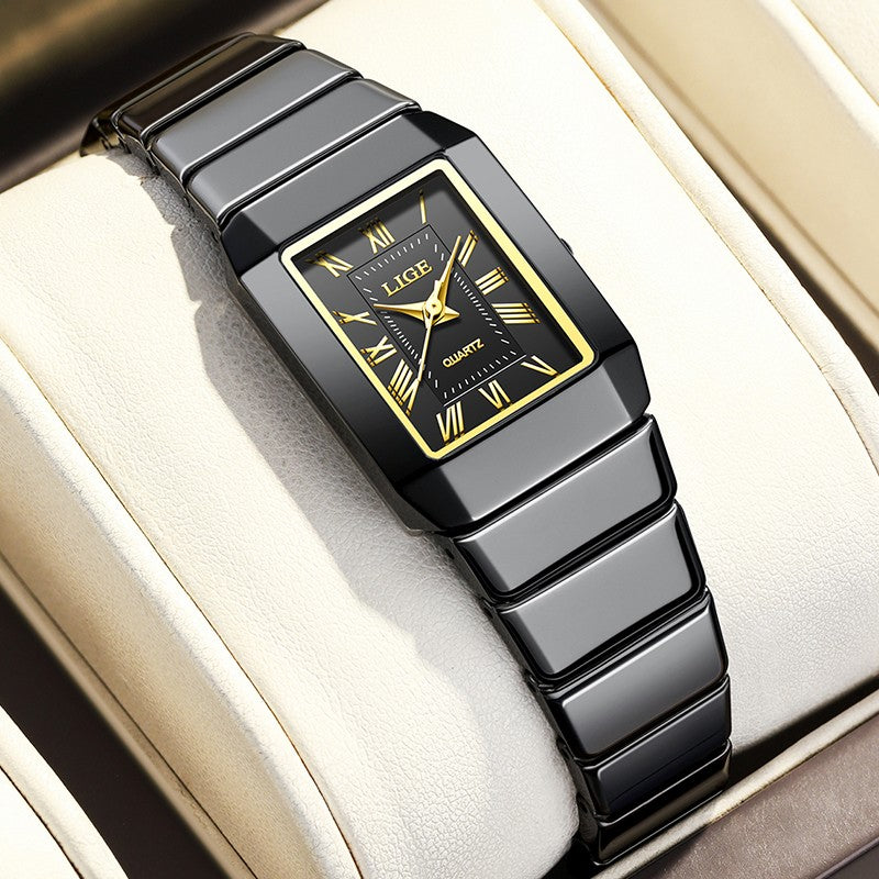 LIGE New Black Watch Women Fashion Creative Square Stainless Steel Ladies Waterproof Watches Elegant Bracelet Quartz Wristwatch