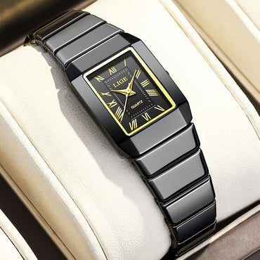 LIGE New Black Watch Women Fashion Creative Square Stainless Steel Ladies Waterproof Watches Elegant Bracelet Quartz Wristwatch