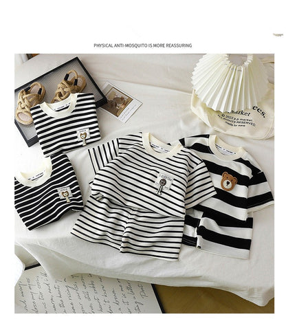 Conjunto Infantil 2PÇS Novo Verão Manga Curta +Shorts Listrado Menino Menina Criança Camiseta Roupa de Bebê Roupa Infantil