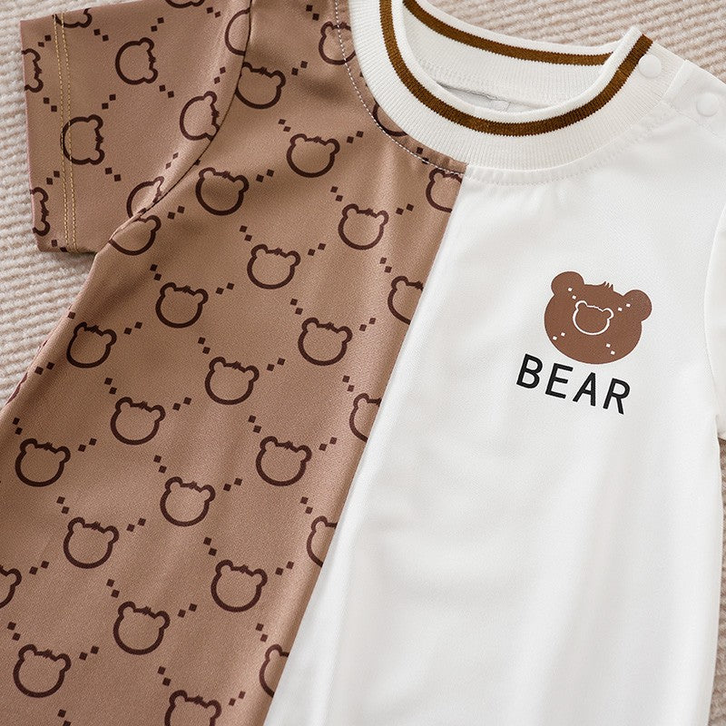 Roupas de Recém-Nascido Macacão de Ursinho de Pelúcia Desenho Animado Patchwork Confortável e Macio Verão Meninos e Meninas 0-18 Macacão de Bebê Manga Curta