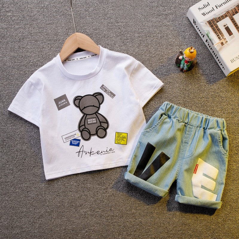 Conjuntos de Roupa Infantil Masculina de Algodão, Versão Coreana, Camisa de Manga Curta para Crianças Pequenas, Roupa de Verão