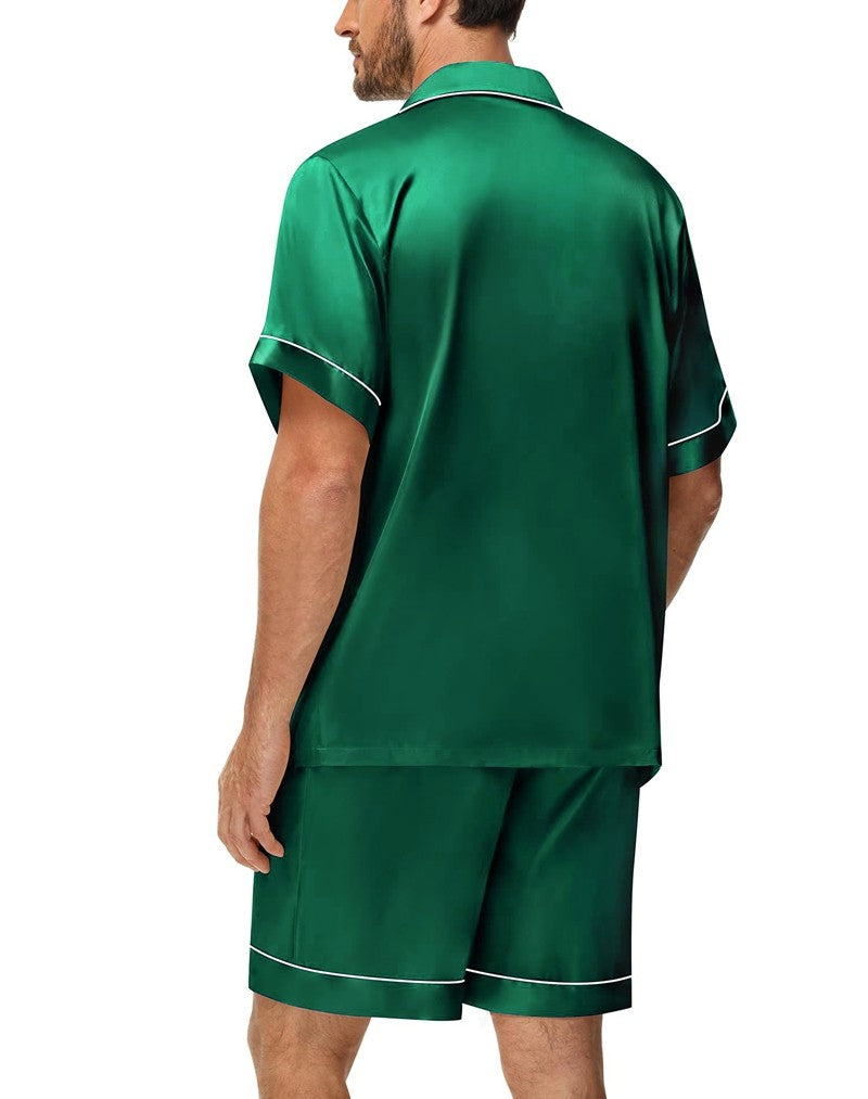 Men's Luxury Satin Pajama Set Short Sleeve Lapel Front Buttons Top And Elastic Shorts Comfortable Fit Loungewear Sleepwear Pjs