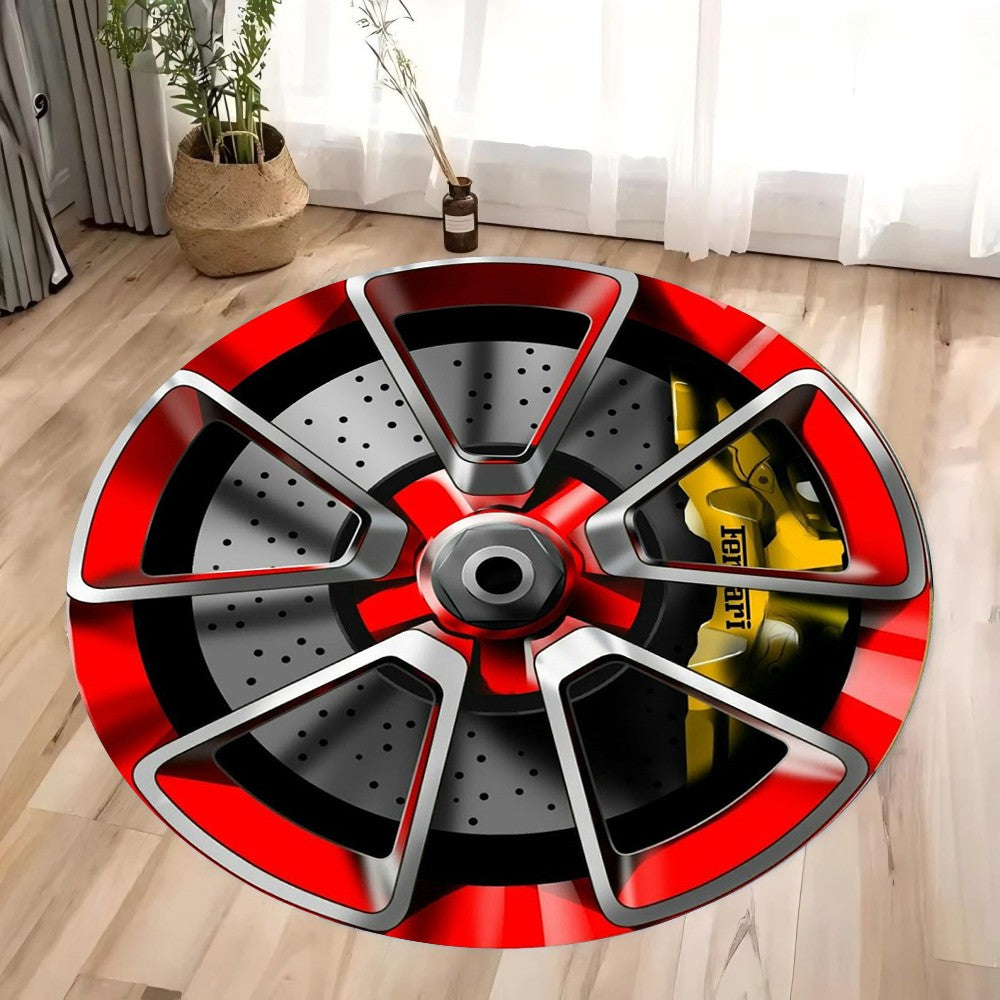Crystal Velvet Carpet Car Wheels Printing Round Rug Soft Non-Slip Floor Mat for Living Room Bedroom Kitchen Bathroom Decor