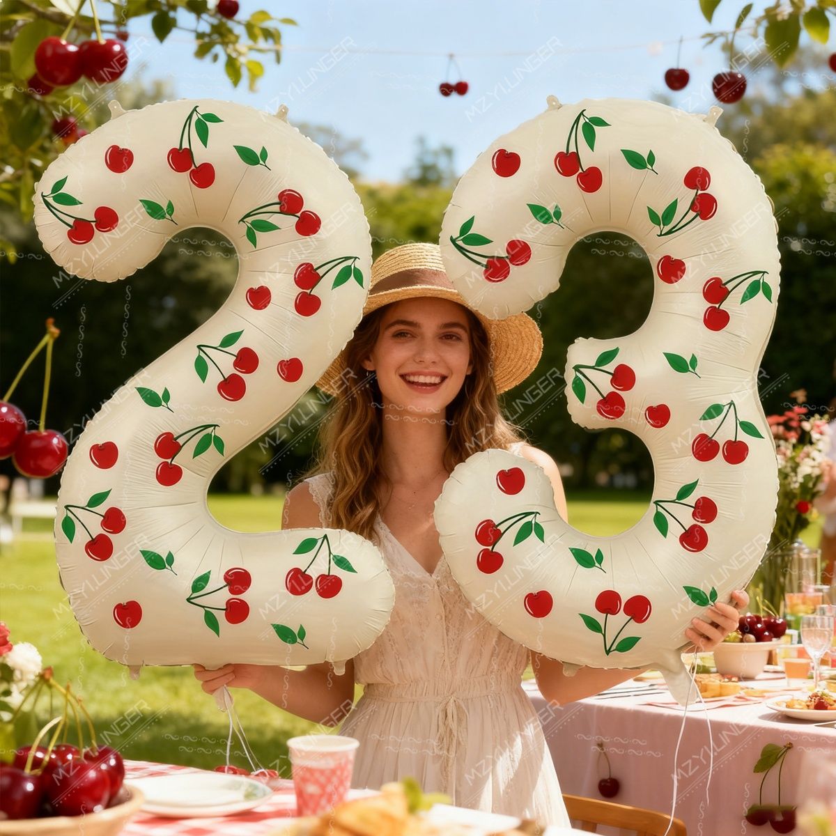 Cream White Number 0-9 Foil Balloons with Cherry Stickers Perfect for Cherry Theme Birthday Party Engagement Wedding Room Decor