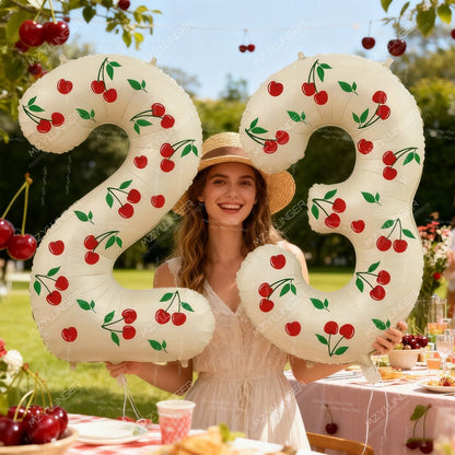 Cream White Number 0-9 Foil Balloons with Cherry Stickers Perfect for Cherry Theme Birthday Party Engagement Wedding Room Decor