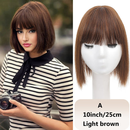 Franja sintética feminina de 25 cm/35 cm, lisa, aplique de cabelo topo, três presilhas, peruca preta/peruca marrom/peruca bege/peruca cáqui