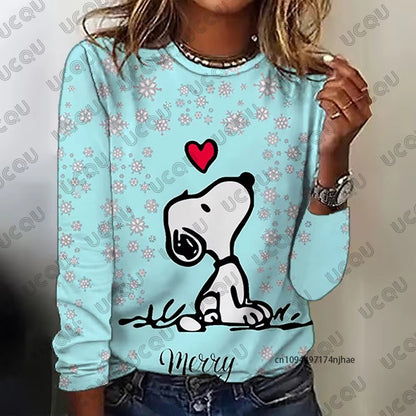 Autumn Winter New Cartoon Snoopy Print Women's Long Sleeve T-shirt Fashion O-neck Tees Casual Sweatshirt Oversize Female Clothes