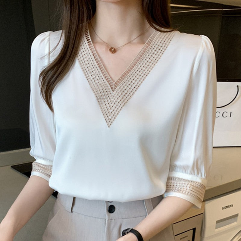 Embroidery Half Sleeve White Lace Women Blouses 2024 Autumn V-Neck Loose Chiffon Tops Shirt Office Lady Elegant Blusas 13366