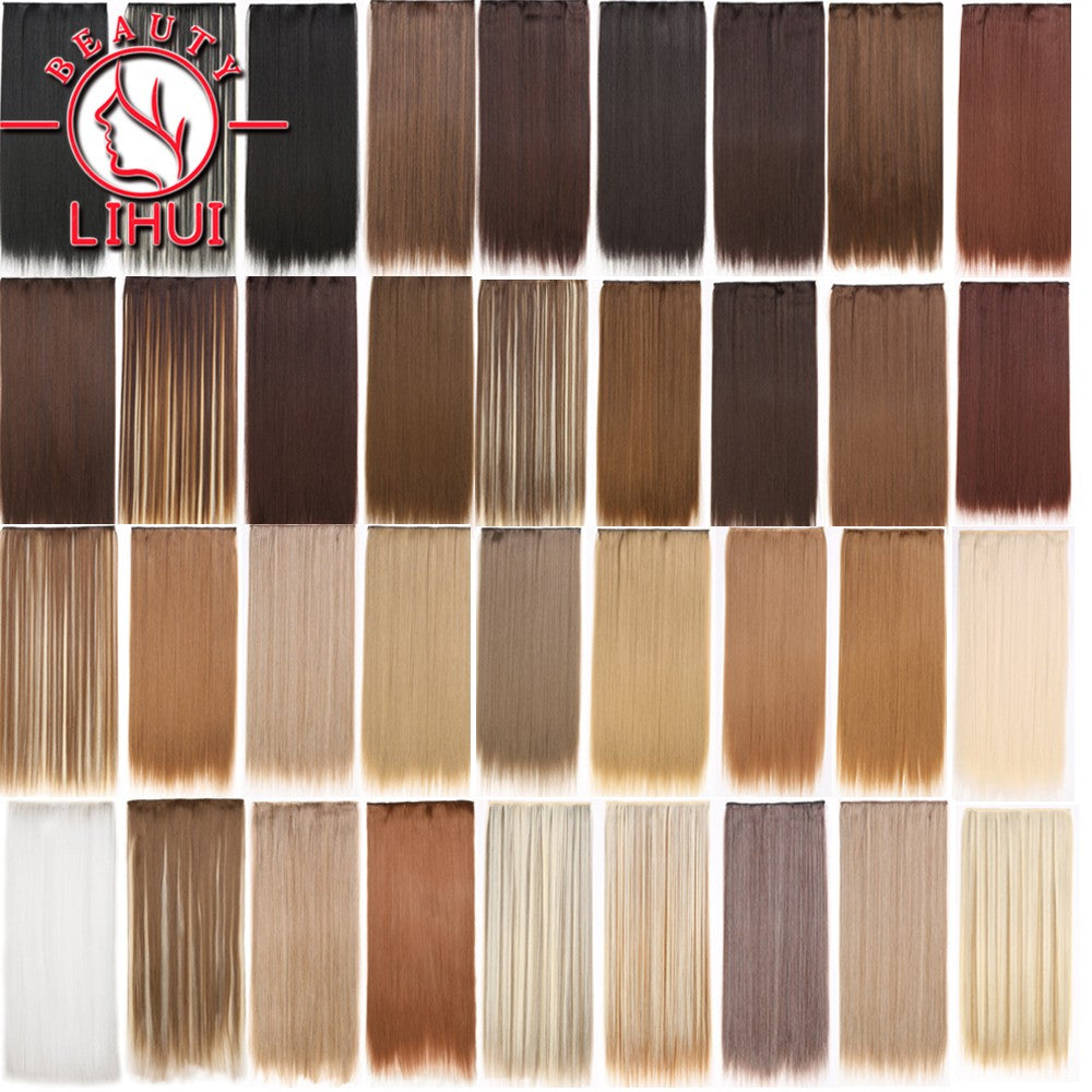 Extensões de cabelo sintéticas com clipe, longas e lisas, com 5 clipes em uma única peça, extensões de cabelo multicoloridas LIHUI